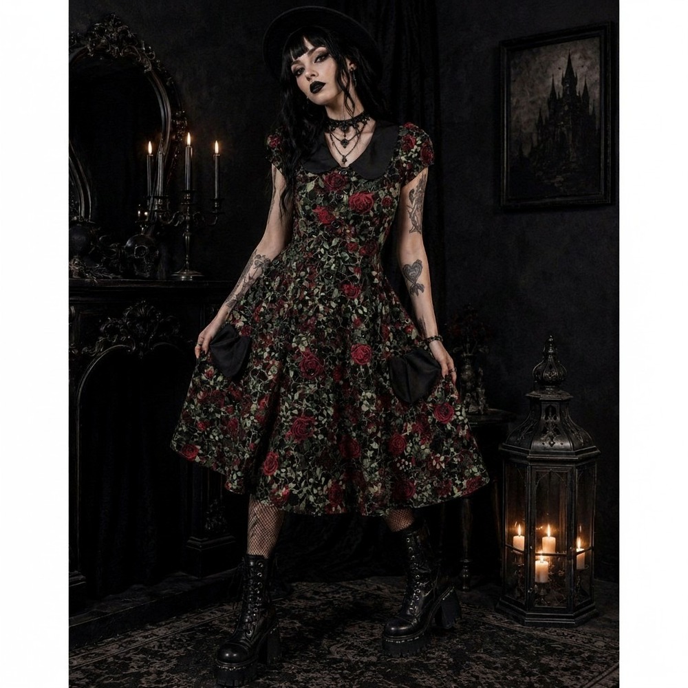 ChicStar‎ GoodGoth Rose Thorn Print MIDI Dress SZ 42 Black Red Fit/Flare Cotton